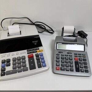 Sharp EL-1197PIII Casio HR-100TM Printing Calculator Bundle 12 Digit Office Grey